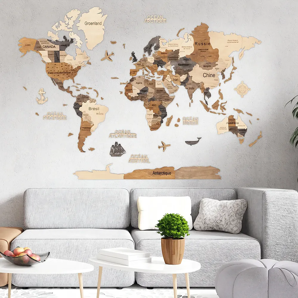 Creatif Wood Carte DU Monde 3D Multicolor XL 200x130cm - Suche
