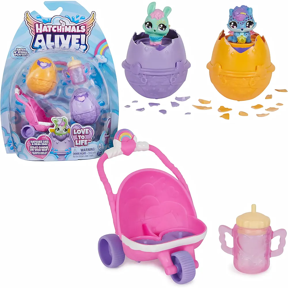 Spin Master Hatchimals Alive Zwillingswagen Spielset - mit 2 Mini-Figuren in selbstschl�pfenden Eiern und 3 Accessoires f�r fantasievolles Rollenspiel, Spielzeug f�r Kinder ab 3 Jahren