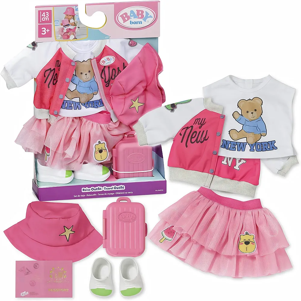 meinspielzeug - Zapf Creation Baby Born Reise-Outfit mit Kleid, Schuhen und Accessoires - 43 cm | Puppenkleider