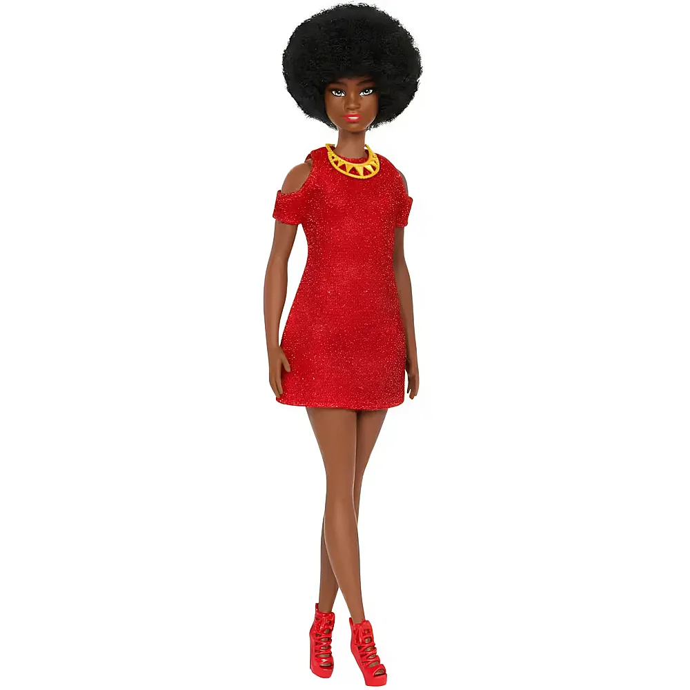 meinspielzeug - Barbie Fashionistas Puppe mit nat�rlichen Schwarzen Haaren im roten Kleid | Modepuppen