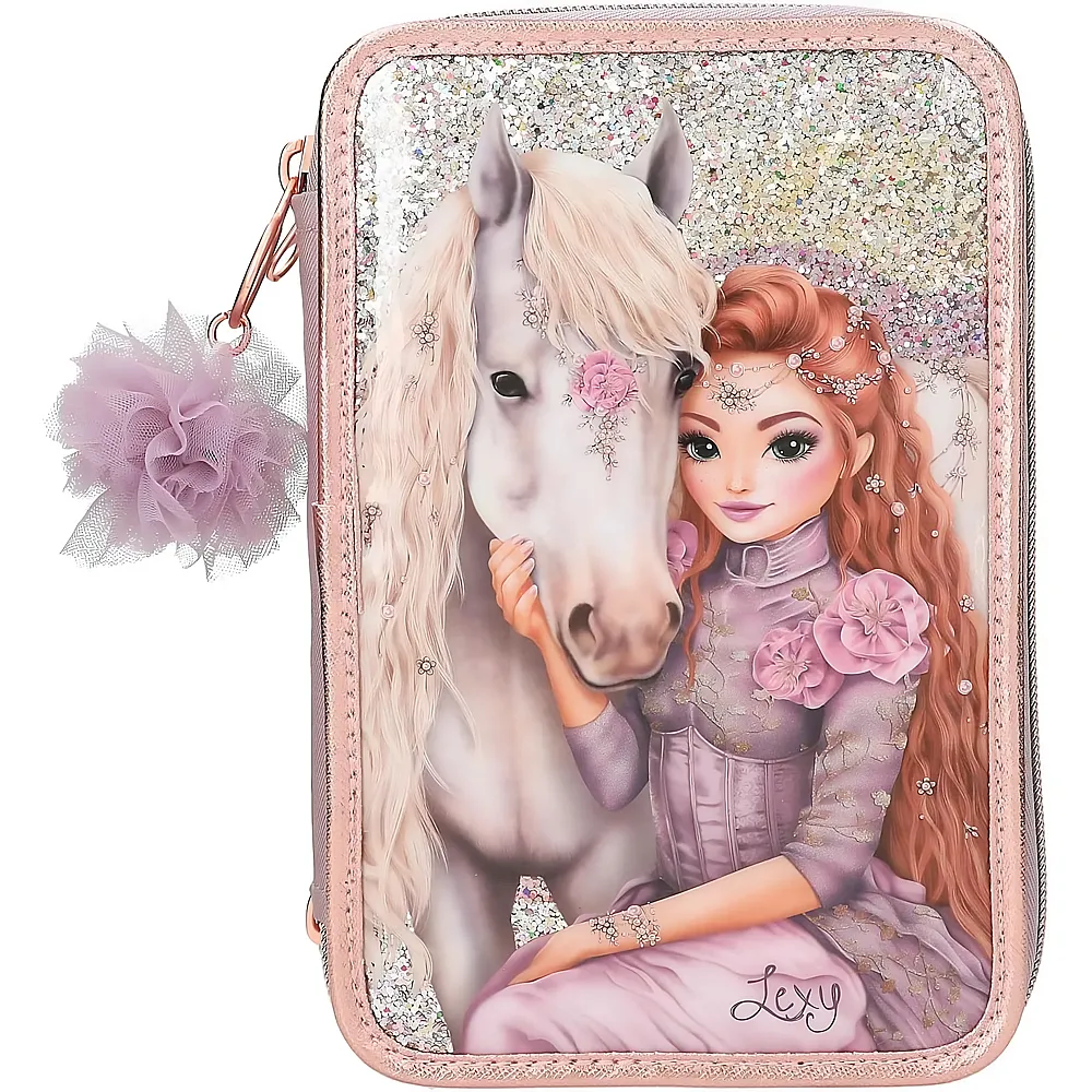 Depesche TOPModel Viva Violet - Gef�llte 3-Fach Federtasche in Lila, mit Model Motiv, Pferd und Glitzer, Federmappe mit