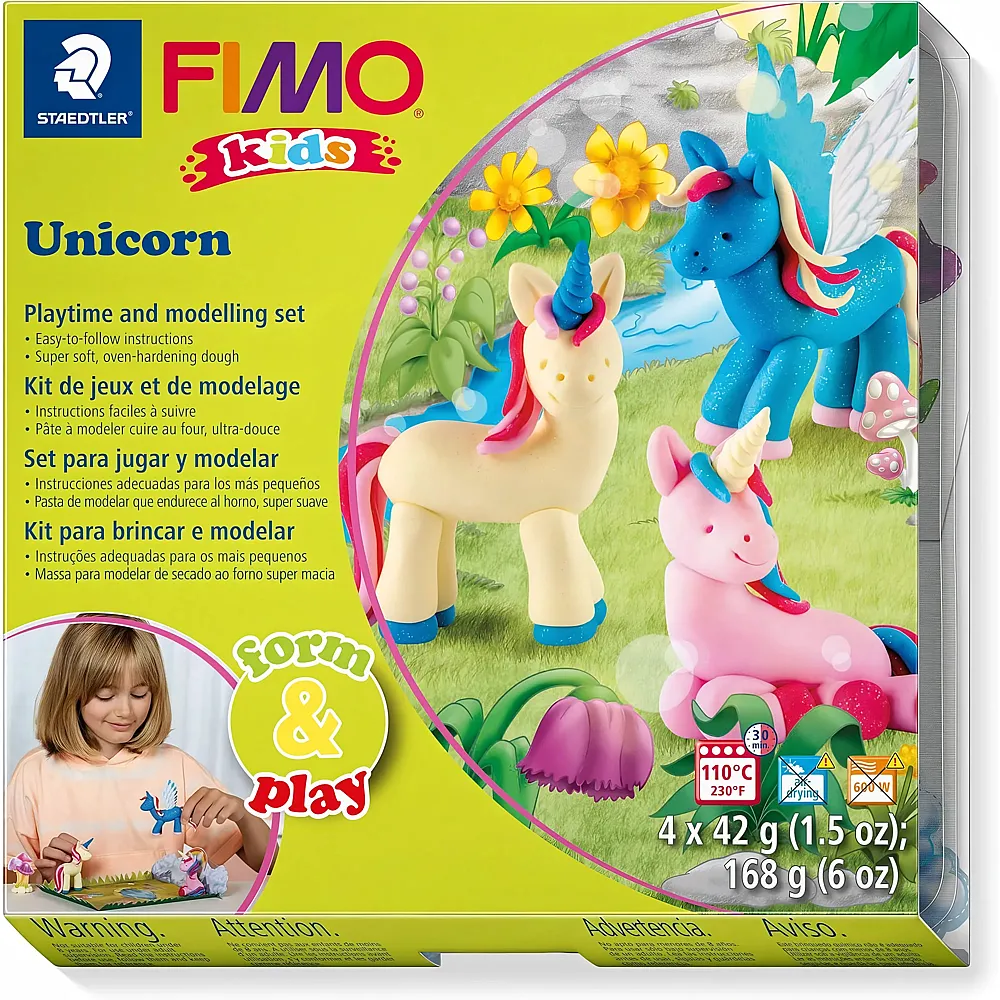 Fimo kids Einhorn-Set mit 4 Bl�cken, Stickern, Modellierwerkzeugen & Hintergrundszene 4x42g