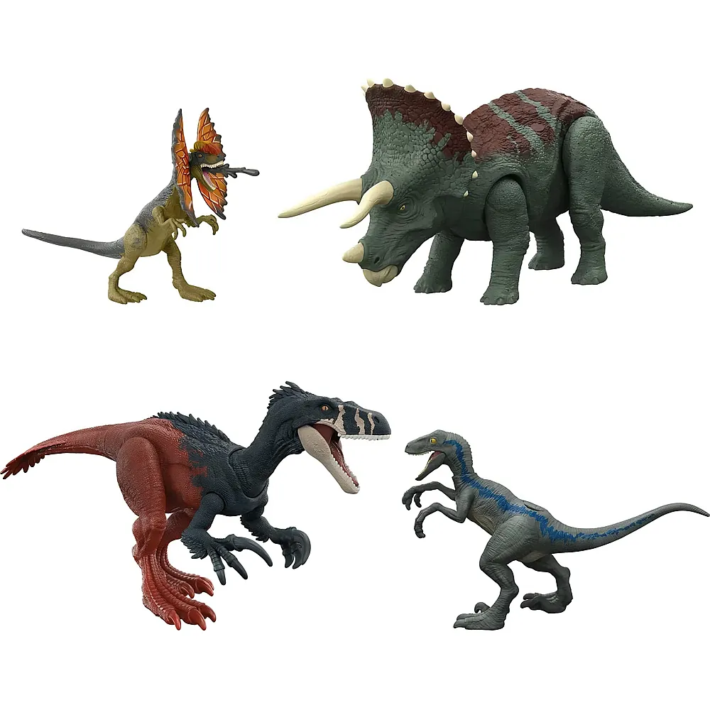 Mattel Roar Strikers Jurassic World Starterset Megaraptor, Pteranodon, Blue und Dilophosaurus