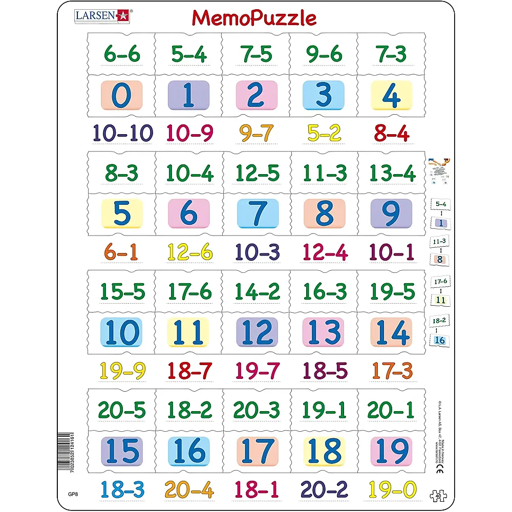 Larsen Puzzle Memo Puzzle - Subtraktion mit Zahlen von 0-20 - 40 Teile - Lernmittel