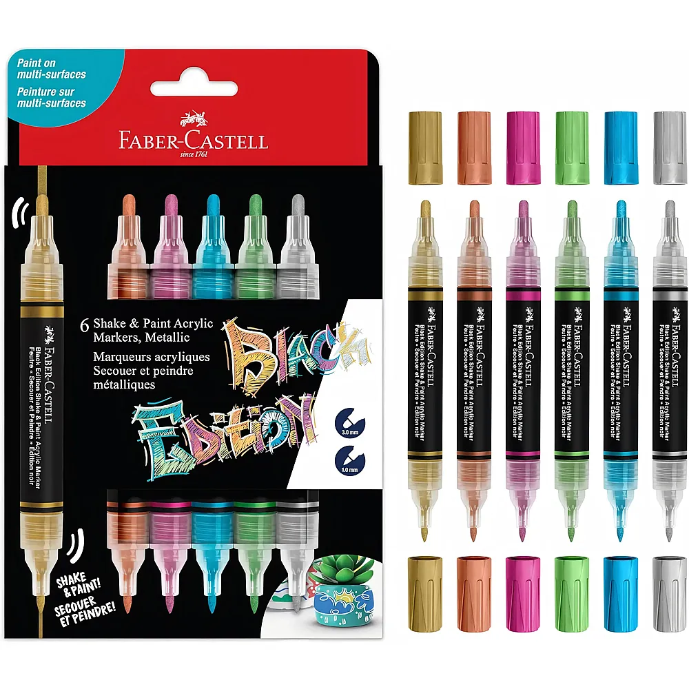 Faber-Castell Acrylmarker Shake&Paint Black Edition, Marker mit 2 Rundspitzen - 6 Teile - Farbe & Kreide