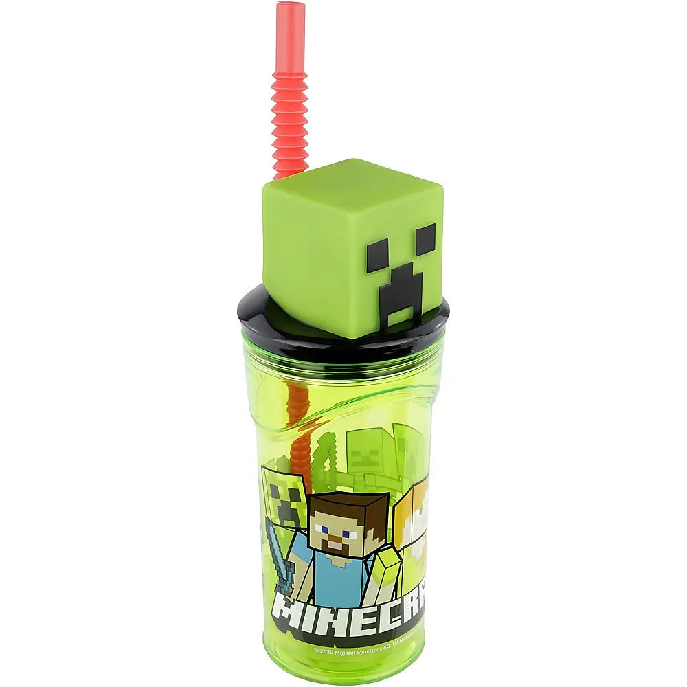 p:os Minecraft Trink-Becher 3D Figur mit Strohhalm - 360 ml