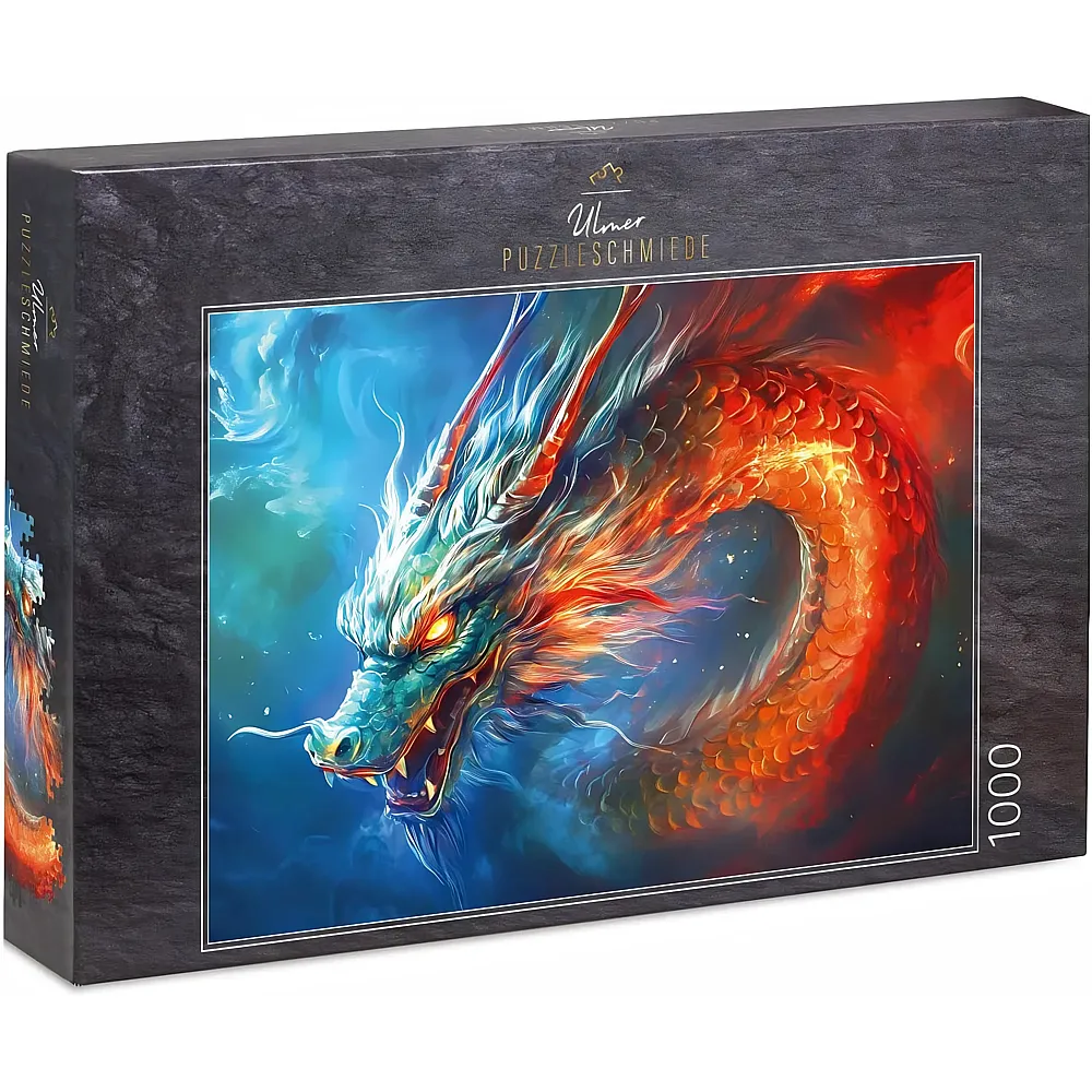 Ulmer Puzzleschmiede Der Drache mit dem Rot des Feuers im Kontrast zum dunklen Blau - 1000 Teile