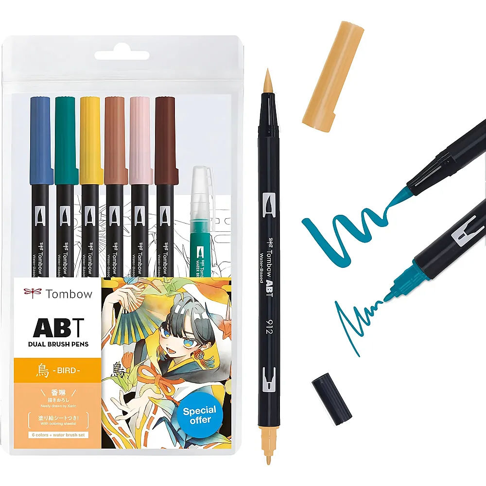 Tombow ABT Dual Brush Pen Watercolor Manga Set Bird - 6 Teile - Farbe & Kreide
