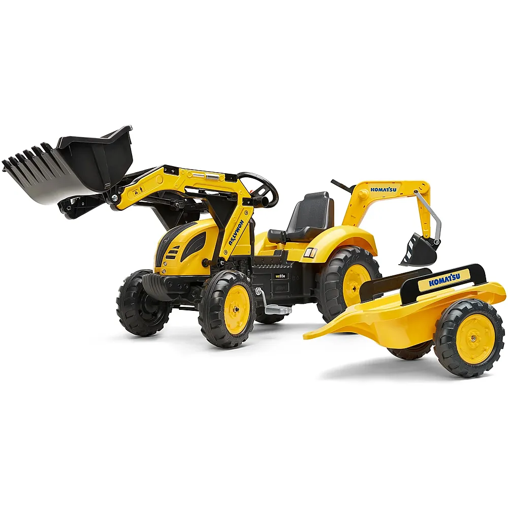 meinspielzeug - Falk Trettraktor Komatsu mit Frontlader, Heckbagger und Anh�nger | Trettraktoren