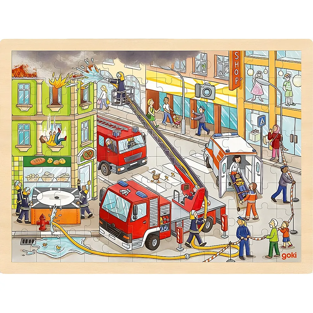 meinspielzeug - Goki Puzzle Feuerwehreinsatz - 96 Teile | Rahmenpuzzle