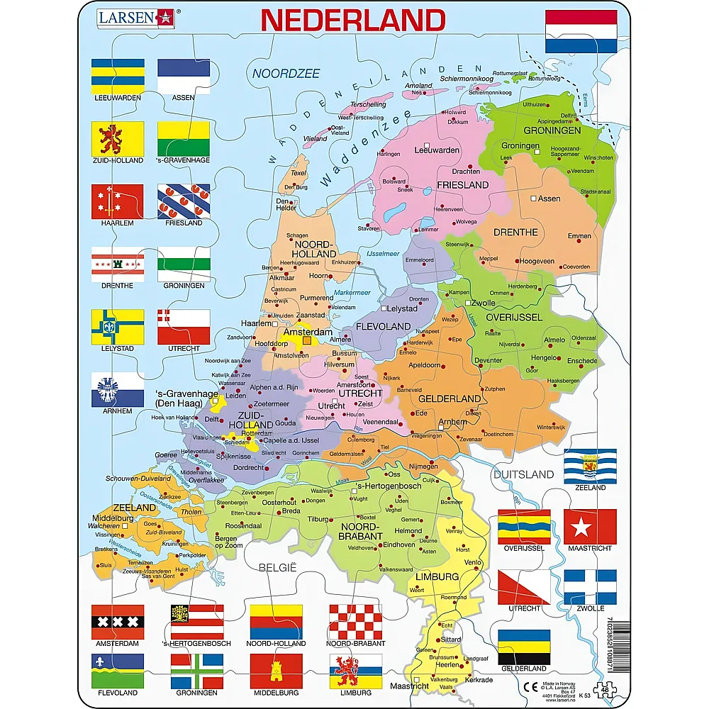 Larsen Puzzle Politieke kaart van Nederland - 48 Teile