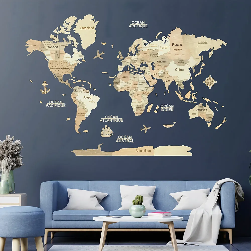 Creatif Wood Carte DU Monde 3D Claire L 100x150cm - Suche