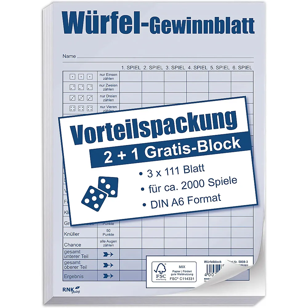RNK Verlag W�rfelspiel Vorteilspack DIN A6, 3 Bl�cke, je 111 Blatt f�r ca. 2000 Spiele