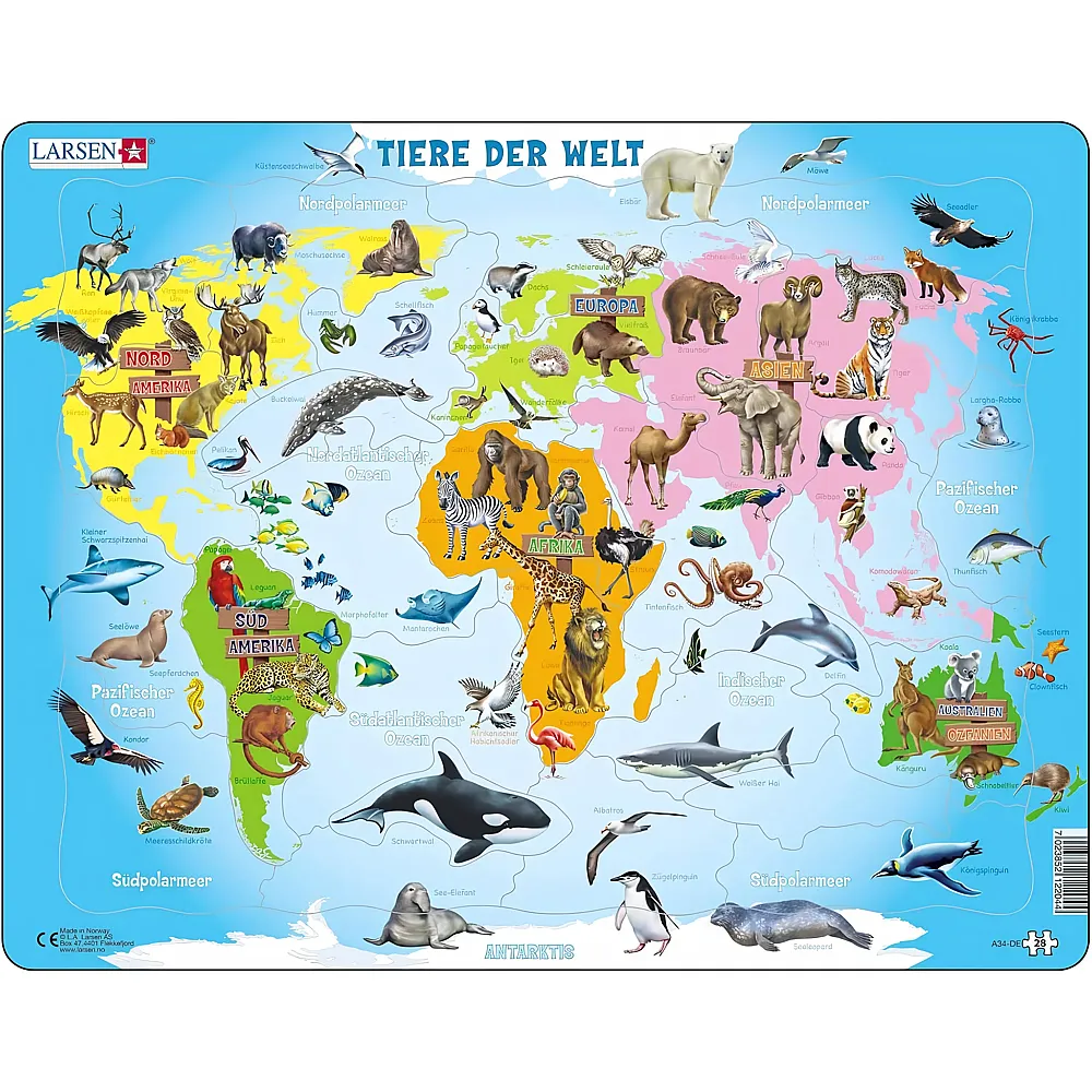 Larsen Puzzle Tiere der Welt - 28 Teile - Rahmenpuzzle