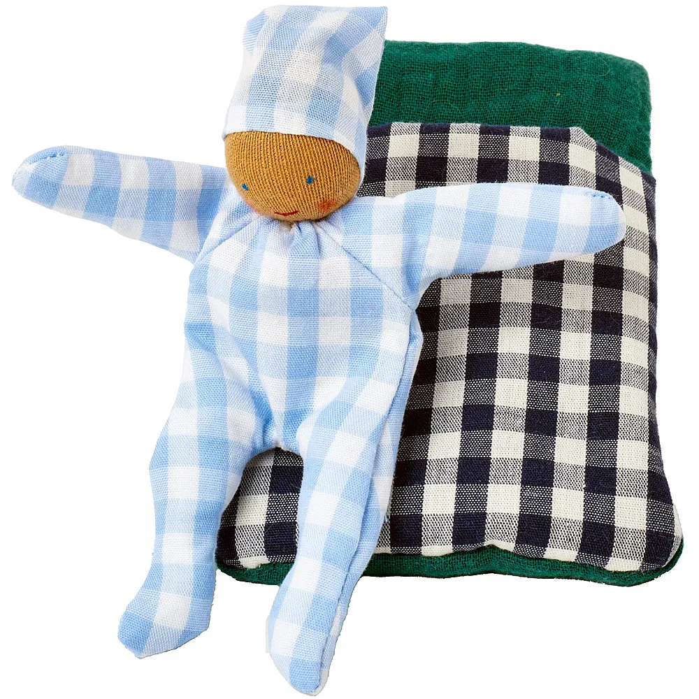 K�the Kruse Baby Baby mit Schlafsack Karo Blau - 12,5 cm | Schmusepuppen