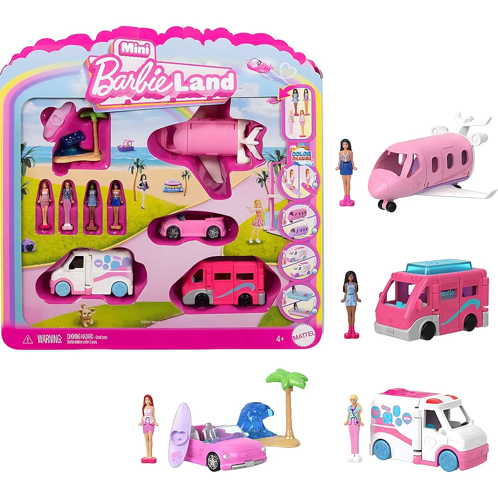 meinspielzeug - Barbie Mini BarbieLand 4er-Set Puppen- und Spielzeugfahrzeugset | Spielesets