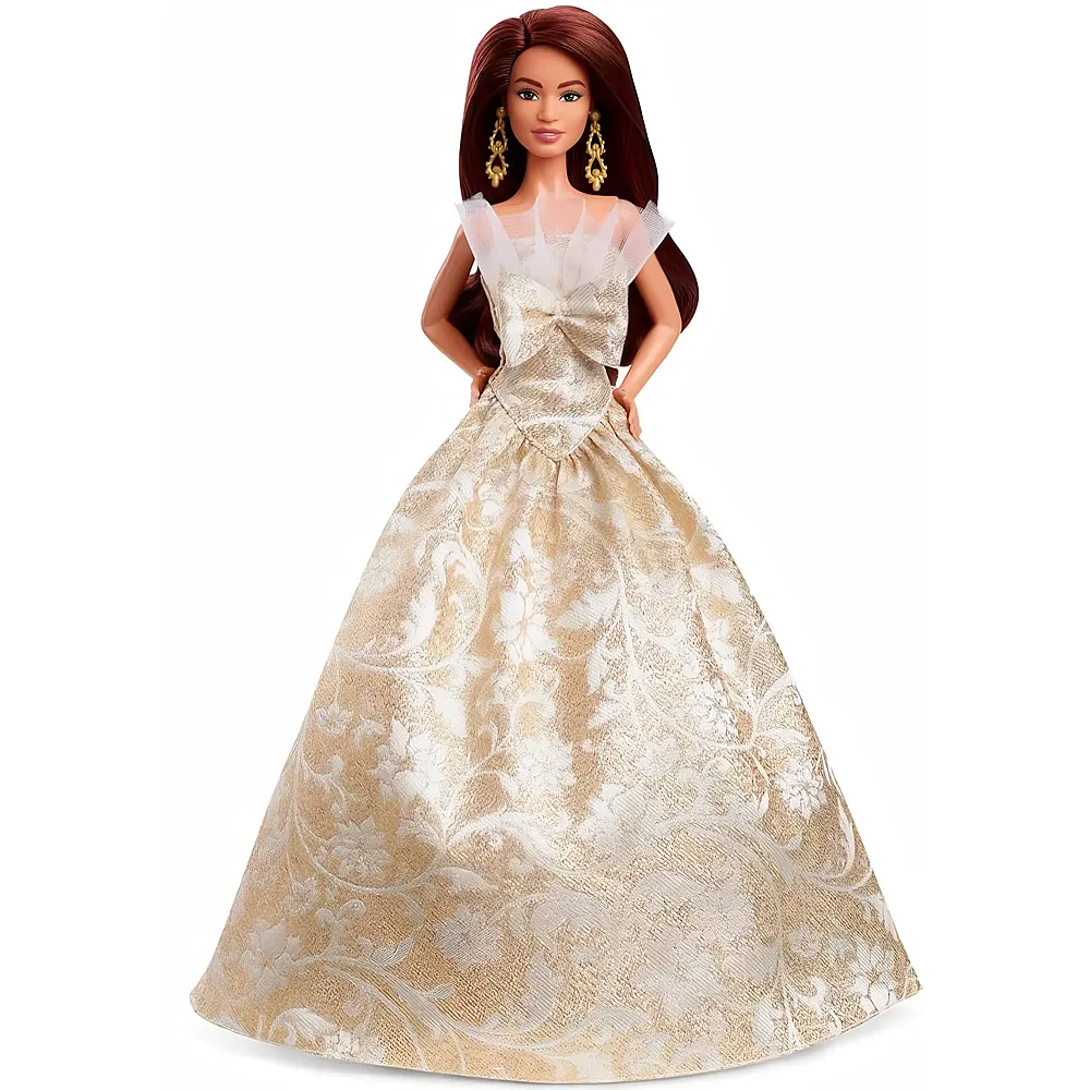 Barbie Signature Holiday, dunkelhaarige Modepuppe mit Kleid in Silber und Gold
