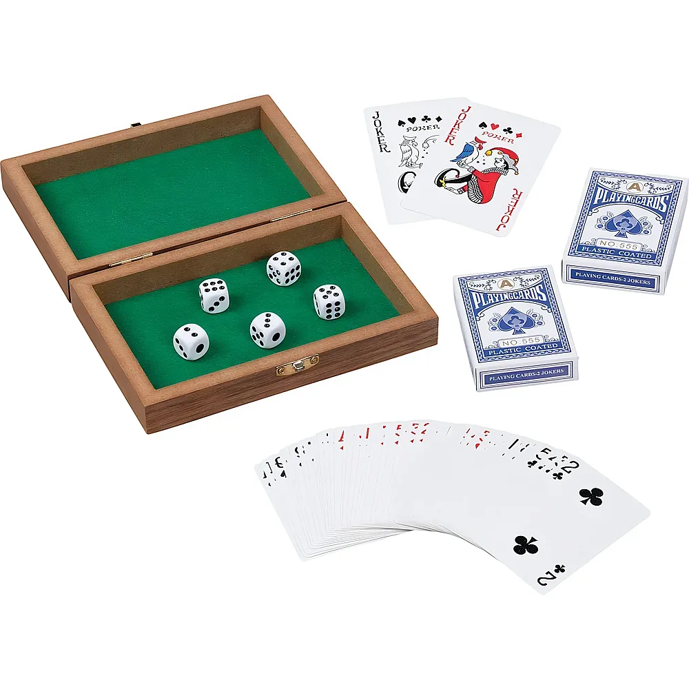Goki Spielkartenbox mit 5 W�rfel und 2 Kartendecks DE/FR/IT/EN