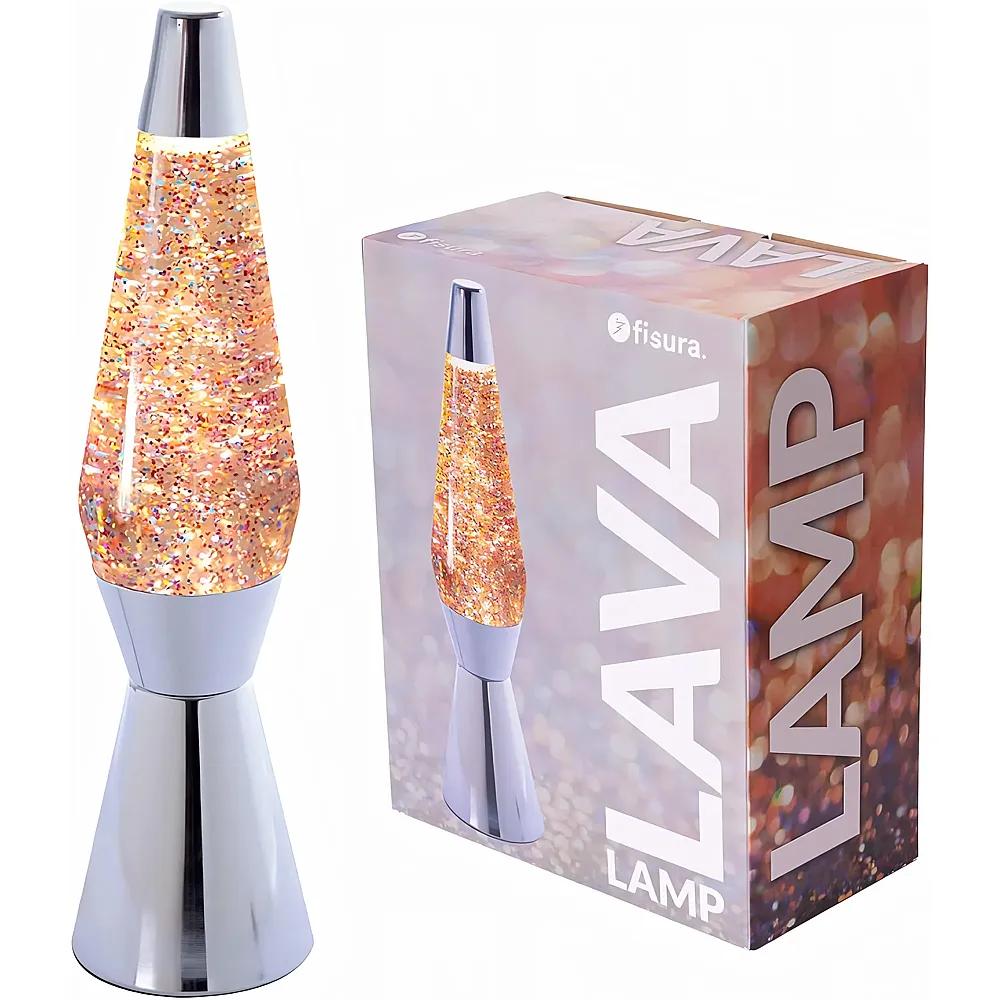 Fisura Glitzer-Lavalampe. Verchromte Basis, transparente Fl�ssigkeit und Glitzerlava