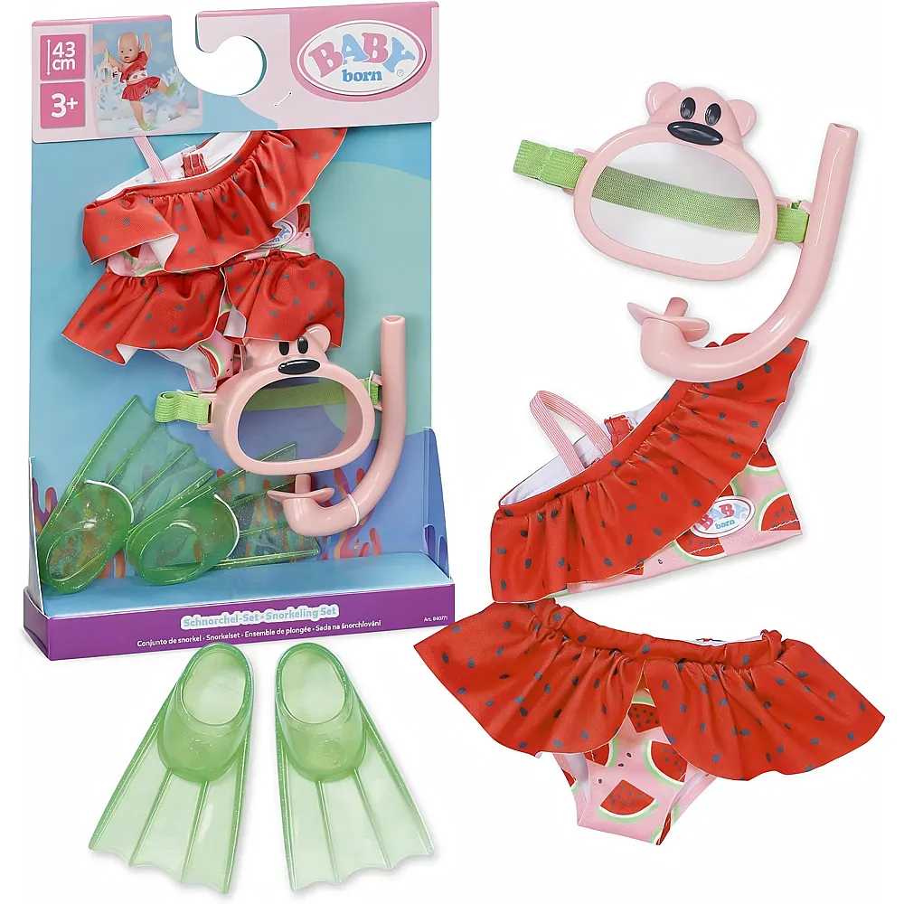 Zapf Creation Baby Born Schnorchelset mit Bikini, Taucherbrille und Schwimmflossen - 43 cm | Puppenkleider