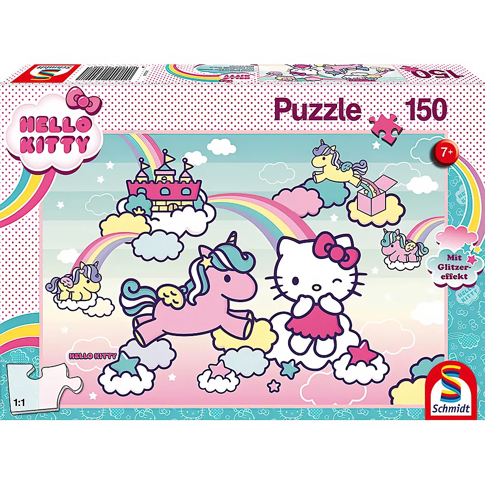Schmidt Puzzle Hello Kitty, Glitzerpuzzle, Kittys Einhorn - 150 Teile - Puzzle 105-300 Teile