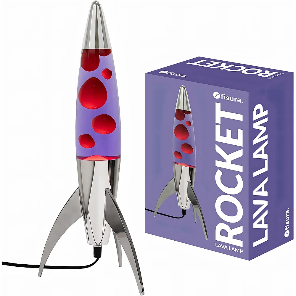 Fisura Lavalampe Rocket mit schwarzem Sockel, violetter Fl�ssigkeit und weissem Wachs