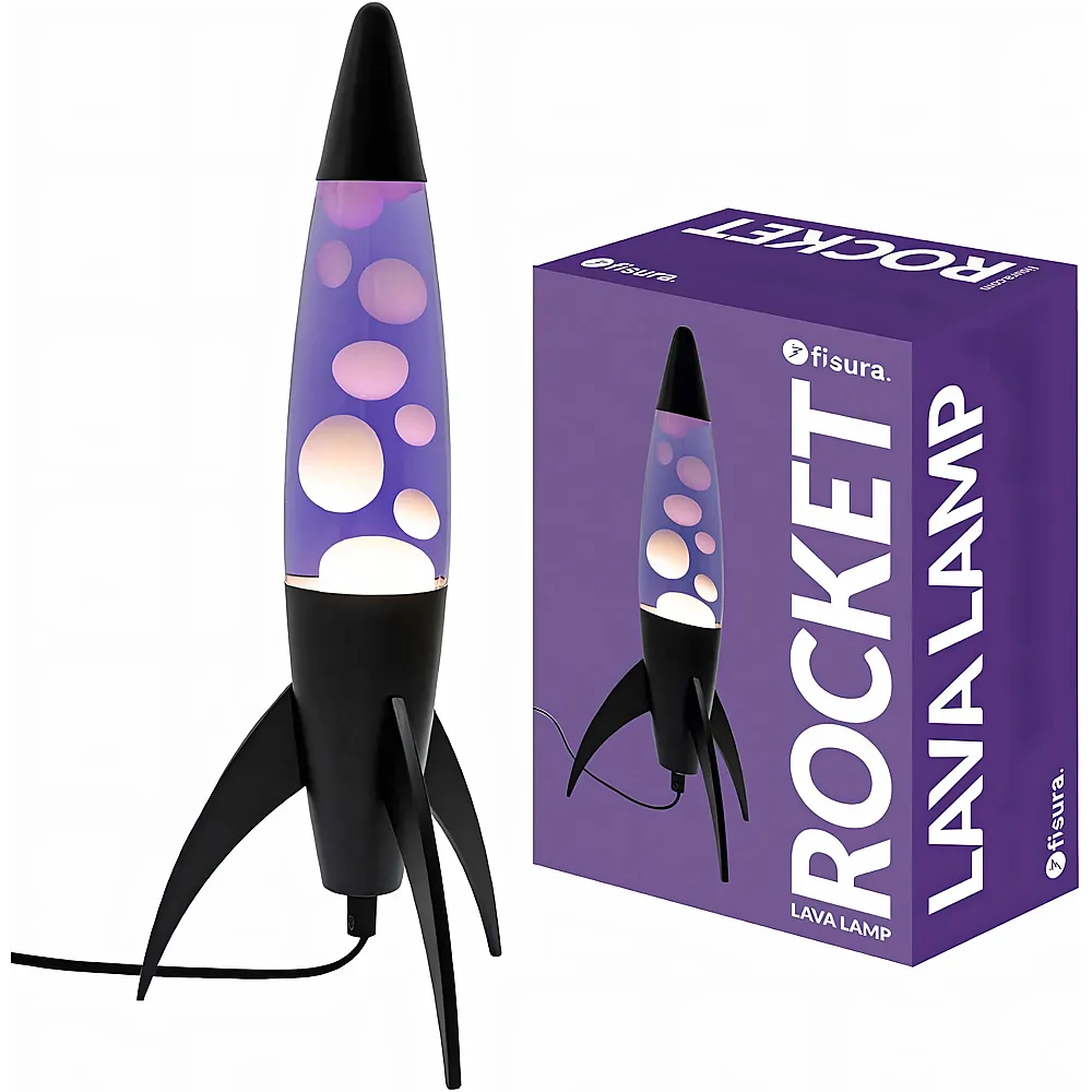 Fisura Lavalampe Rocket. Schwarzer Sockel, lila Fl�ssigkeit und weisse Lava