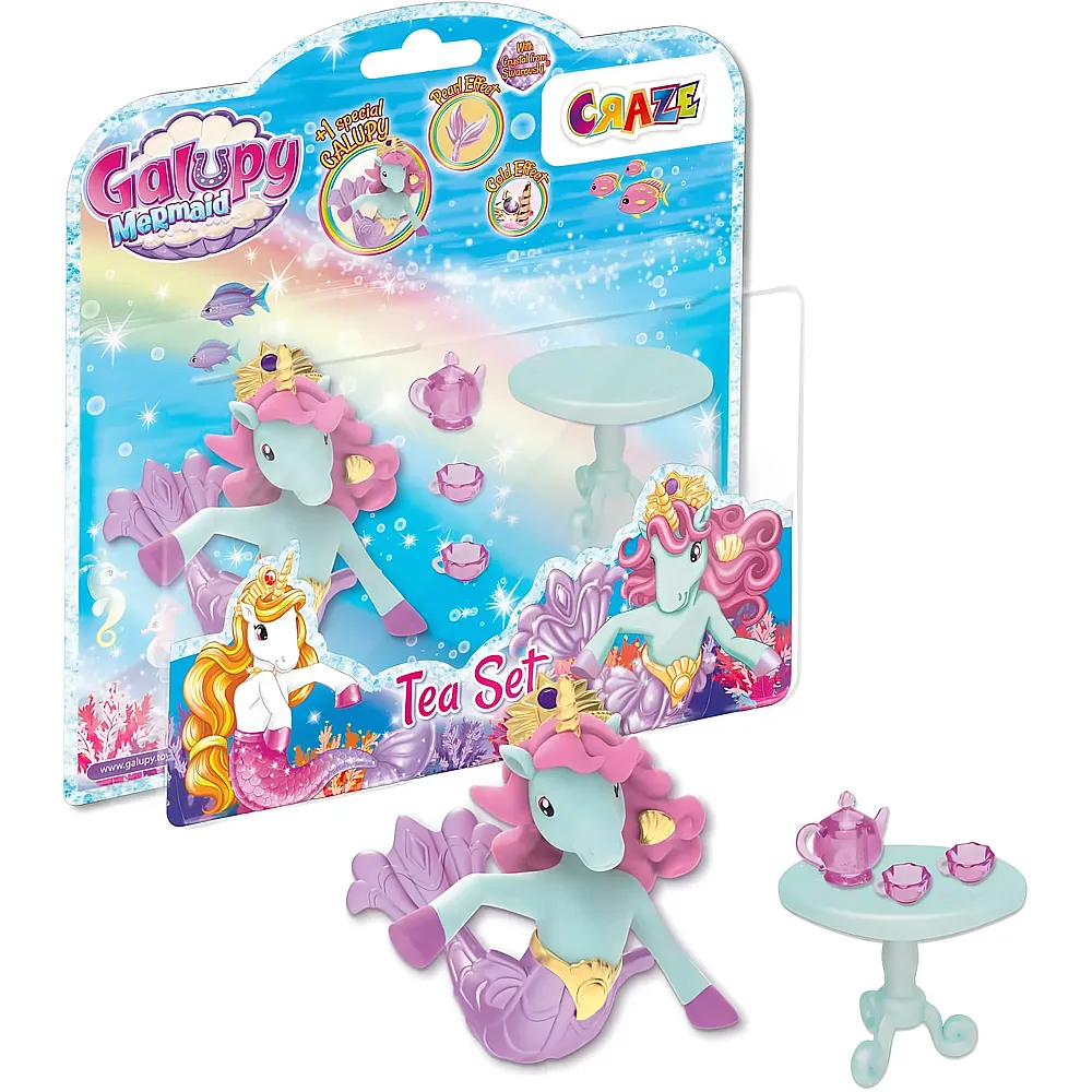 meinspielzeug - CRAZE GALUPY - Mermaid Tea Set - Mini-Spielset mit 1x Einhorn Figur mit Meerjungfrauenflosse , 1 Tisch, Tassen und eine Teekanne