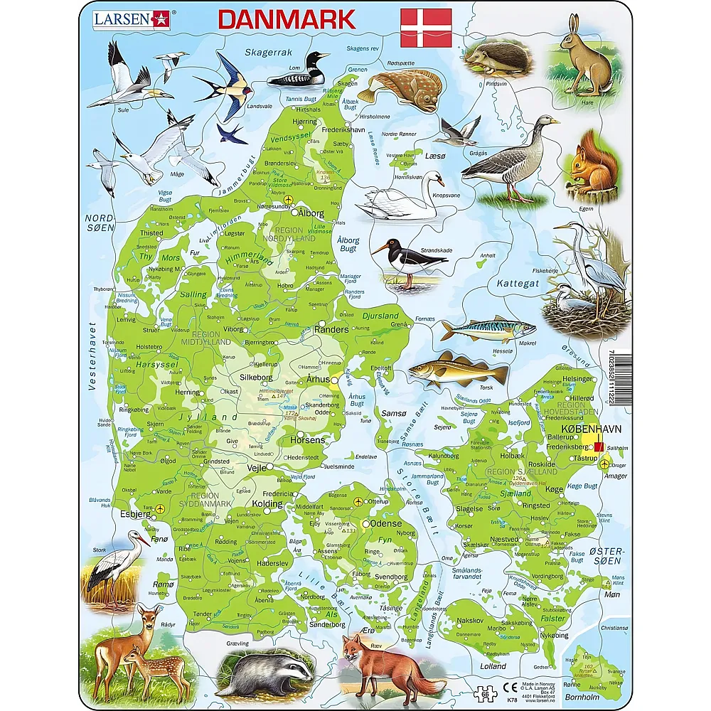Larsen Puzzle Physische Karte von D�nemark D�nisch - 66 Teile