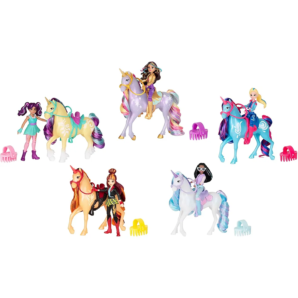 Spin Master Unicorn Academy Reiterin und Einhorn Set - ca. 12 cm, zur beliebten Netflix-Serie, mit 2 Accessoires und Bürste für kreatives Rollenspiel, für Kinder ab 4 Jahren, sortierter Artikel ohne Vorauswahl
