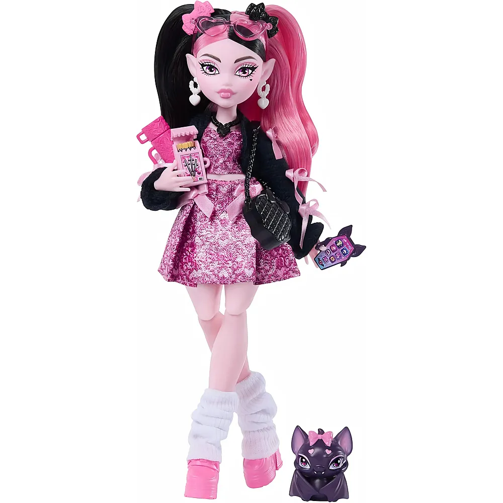 Mattel Monster High Draculaura mit rosa Kleid mit Schleifen und schwarzer Strickjacke