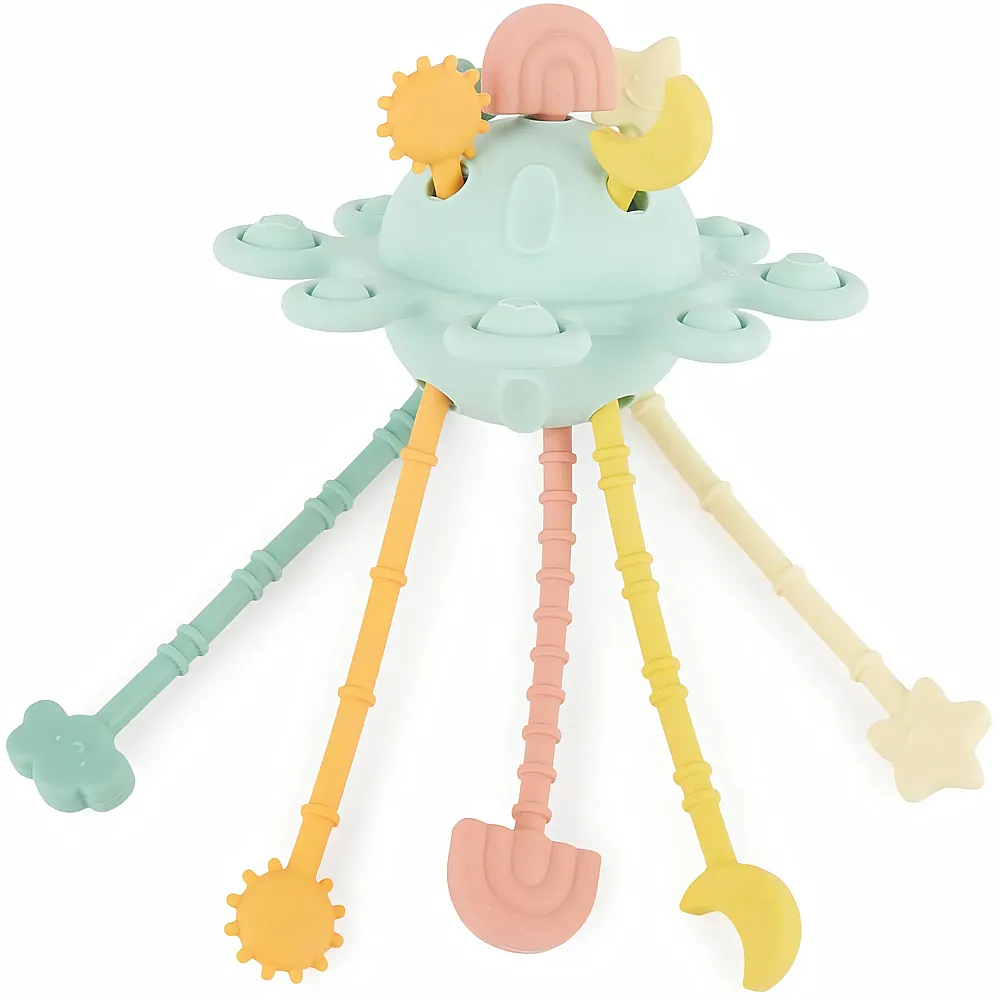 Bieco Silikon Activity Planet Eucalyptus  Montessori Spielzeug f�r Baby ab 1 Jahr  UFO Motorikspielzeug mit Zugschnur und