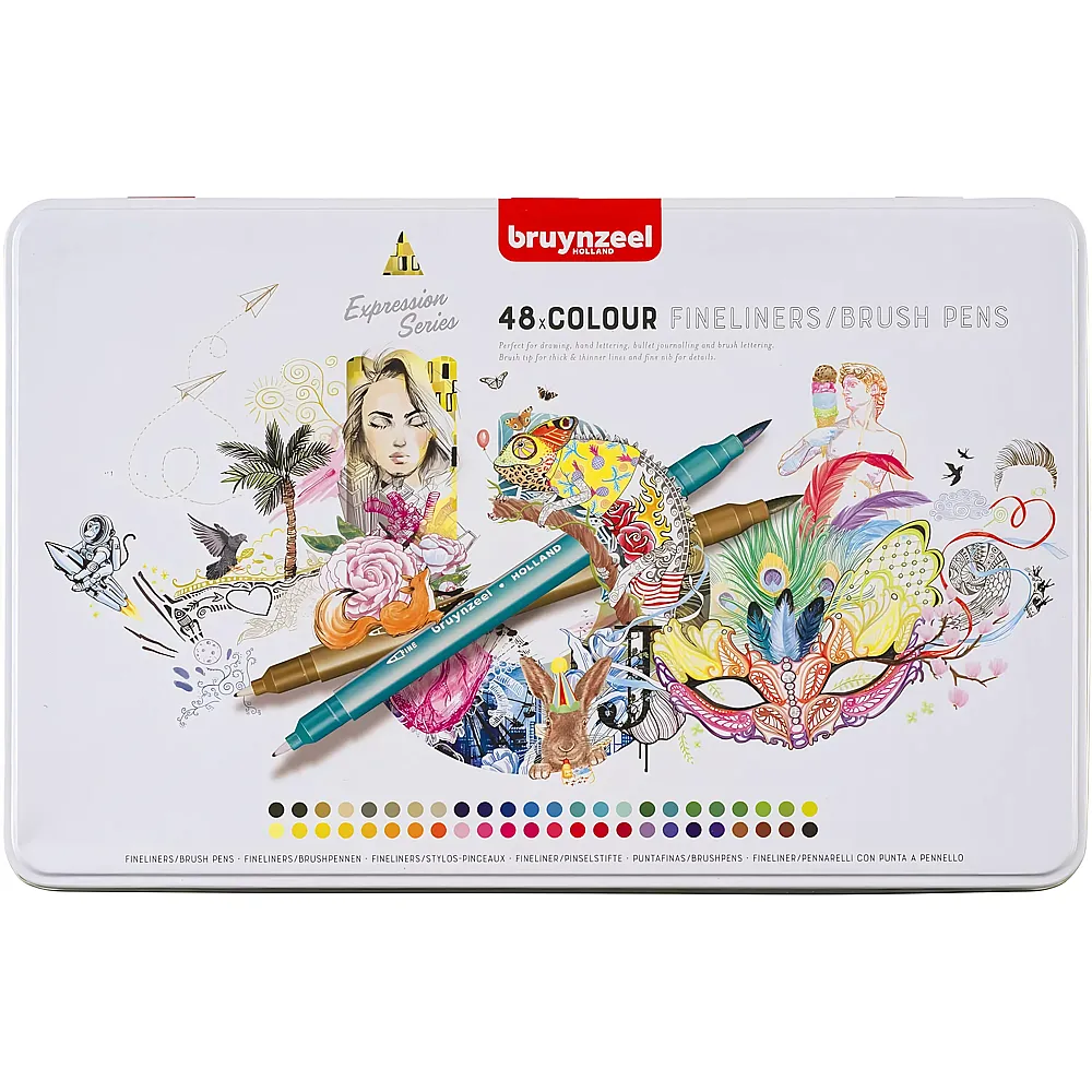 Bruynzeel Creatives Fineliner-Pinselstift-Set, 48 Farben