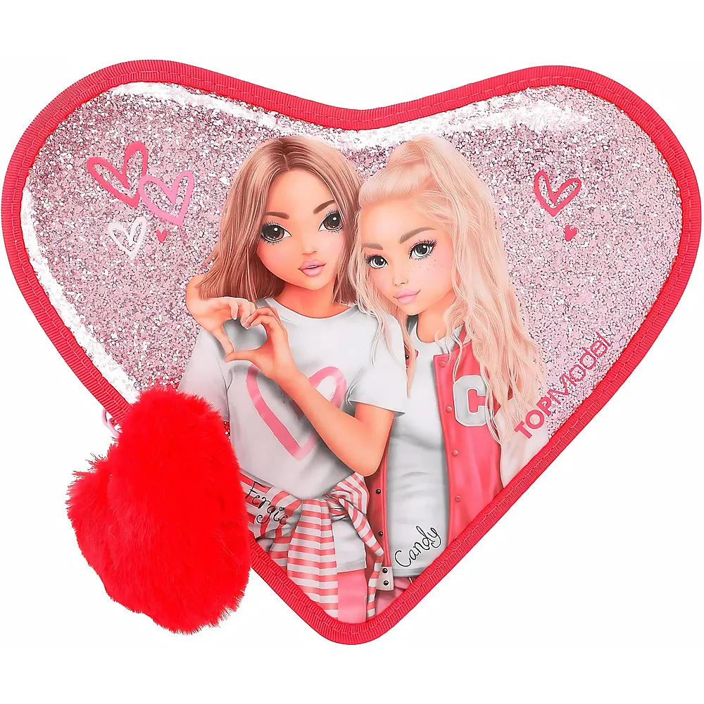 Depesche TOPModel One Love-Gef�llte Herz-Federtasche in Rot mit Model-Motiv und Glitzer, Federm�ppchen mit Buntstiften