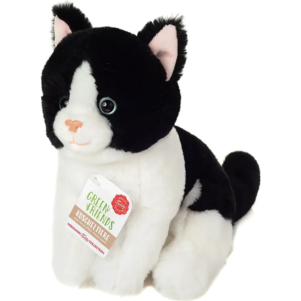 Teddy-Hermann Katze sitzend Schwarz/Weiss - 20 cm