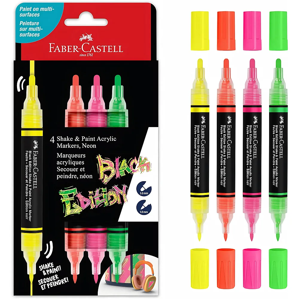 meinspielzeug - Faber-Castell Acrylmarker Shake&Paint Black Edition 4Teile | Farbe & Kreide