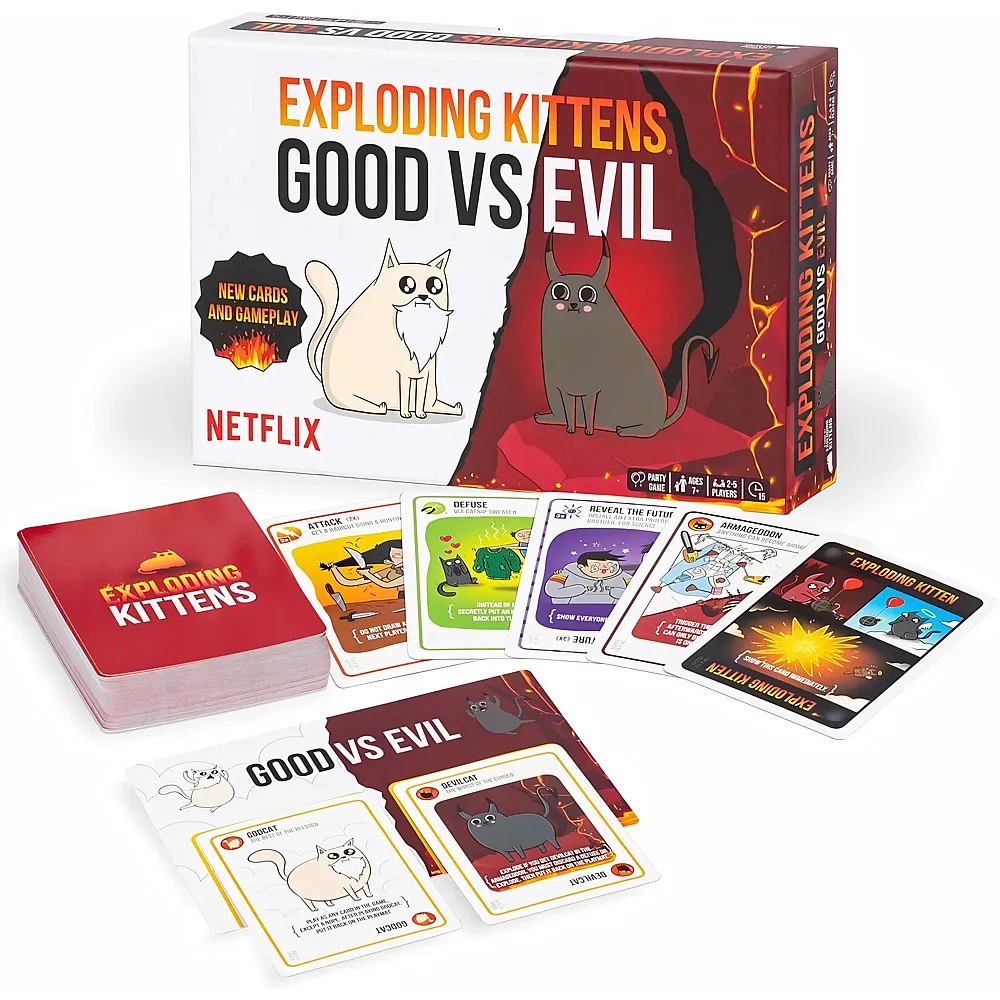meinspielzeug - Exploding Kittens - Good vs. Evil - 2-5 Players - Ages 7+ - Inspired by Netflix Show - High Stakes Family Card Game - Ideal for Party, Family Night - Animated Netflix Show