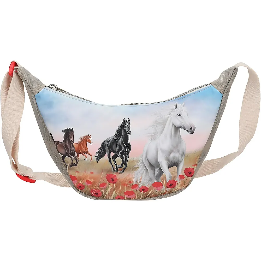 Depesche Miss Melody Poppy Sand - Kleine Halbmond Umh�ngetasche in Beige, mit Pferde Motiv und Mohnblumen, T�schchen mit