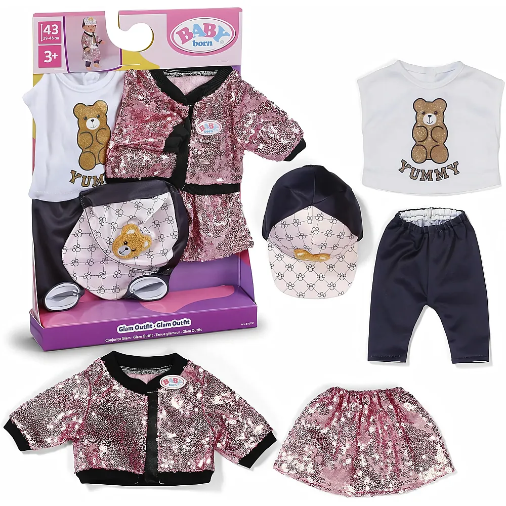 Zapf Creation Baby Born Glam-Outfit mit pinkem Pailletten-Rock & Jacke - 43 cm | Puppenkleider