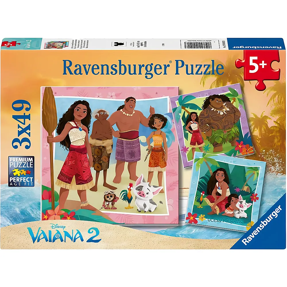 Ravensburger Puzzle Disney Princess 3in1 Vaiana 2 - Auf, zu neuen Abenteuern - 49 Teile
