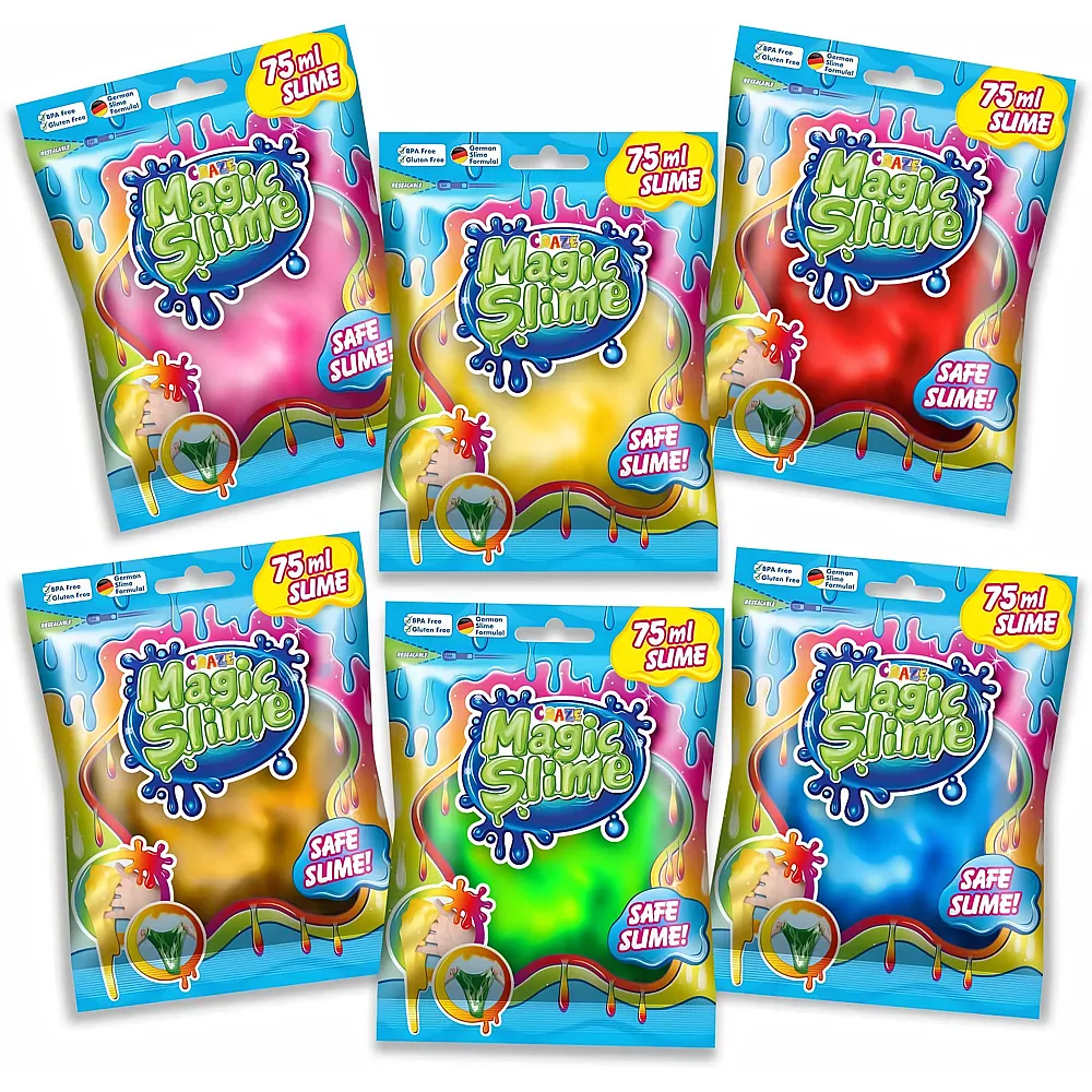 CRAZE Magic Slime FOILBAG  Schleim Kinder 6er Set - Slime Kit im 6X 75 ml Beutel, Kinderschleim sicher & r�ckstandsfrei, 6