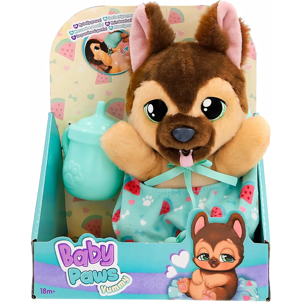 IMC Toys BABY PAWS Yummy German Shepherd, Interaktiver Pl�schwelpe zum Herumtragen,dessen Bauch beim F�ttern w�chst und mit Schnuller im Mund Wieder klein Wird,Geschenk und Spielzeug f�r Kinder ab 18 Monaten