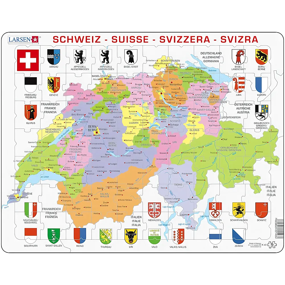 Larsen Puzzle Schweiz Politisch - 70 Teile - Puzzle 10-104 Teile