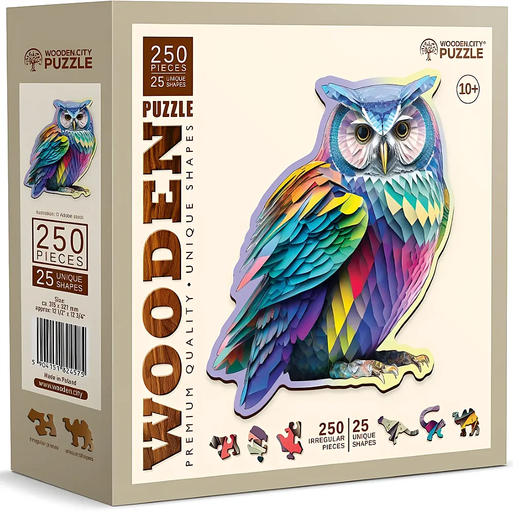 Wooden City Puzzle Holz M Trendy Owl 250 Teile, aussergewhnliche Formen, 22.2x23.9cm, ab 10 J.