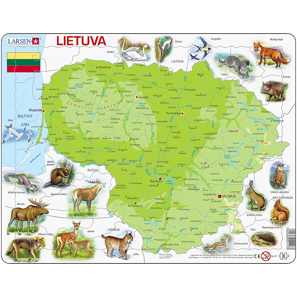 Larsen Puzzle Litauen auf Litauisch - 60 Teile | Rahmenpuzzle