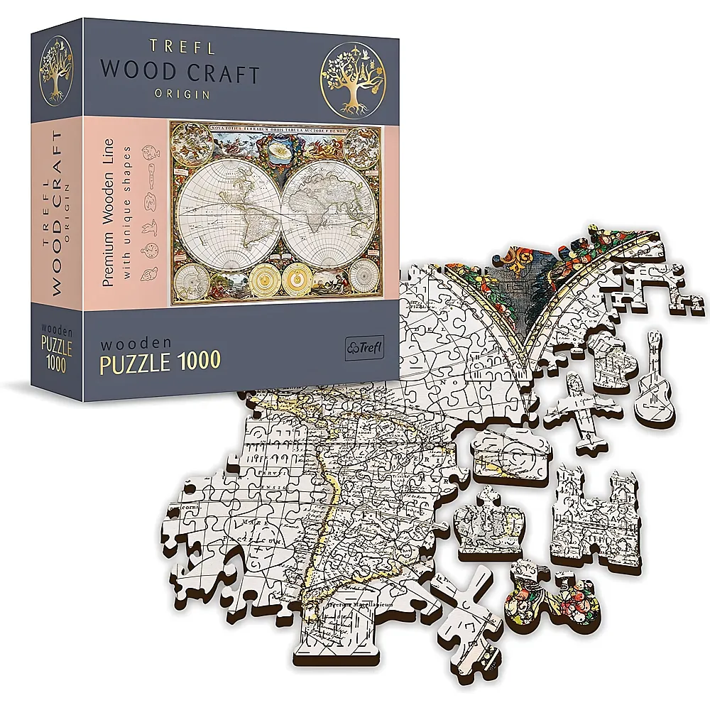 Trefl Land- und Wasserkarte der ganzen Erde von 1630 Holzpuzzle, Antike Weltkarte Puzzle, 1000