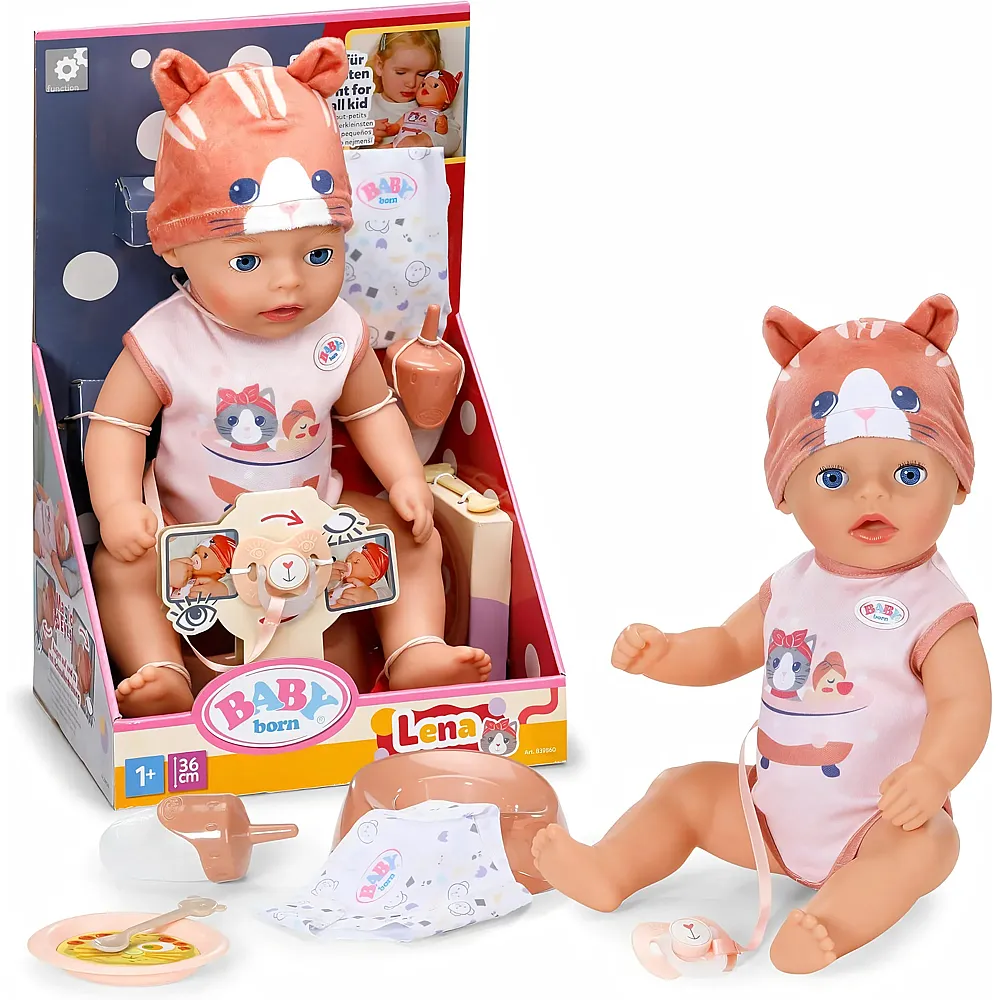 Zapf Creation Baby Born Lena in Strampler mit Katzenmotiv - 36 cm - Babypuppen