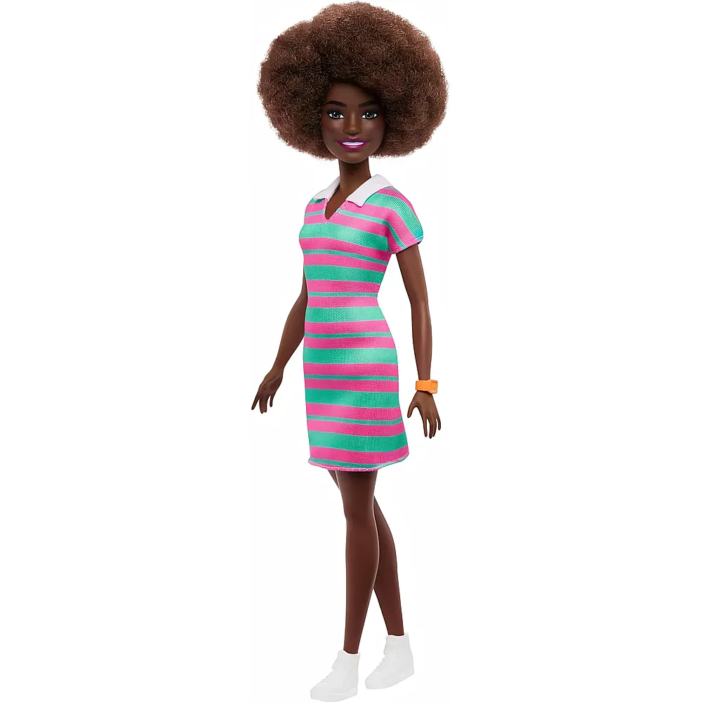 Barbie Fashionistas Puppe mit lockigem schwarzem Haar, rosa-gr�n gestreiftem Kleid Nr.247
