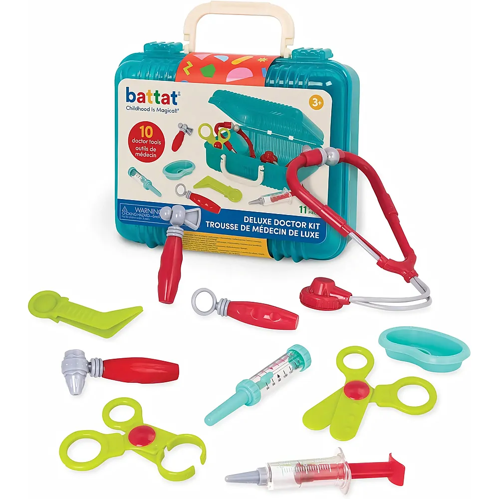 Battat Deluxe Kinder Arztkoffer 11 Teile  Fieberthermometer, Spritze, Stethoskop, Reflexhammer und mehr  Spielzeug ab 3