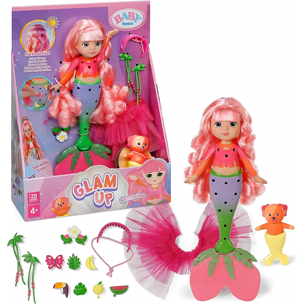Zapf Creation Baby Born Glam Up Sunshine, Meerjungfrau mit Langen rosa Haaren Haaren mit UV-Farbeffekt - Modepuppen